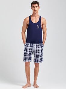 Men Letter Graphic Sleep Tank Top - Navy Blue - View 5