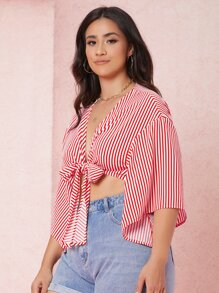 Dreamara áo nữ kích thước lớn Thắt nơ trước Sọc Boho - Đỏ và trắng - Xem 3