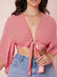 Dreamara áo nữ kích thước lớn Thắt nơ trước Sọc Boho - Đỏ và trắng - Xem 4