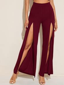 SHEIN VCAY Zipper Side Split Thigh Palazzo Trousers - Burgundy - View 1