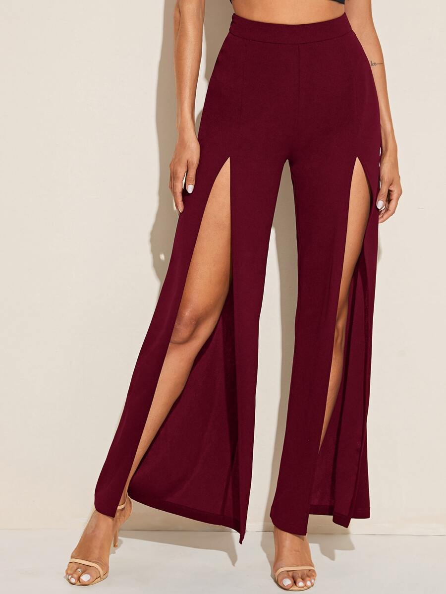 SHEIN VCAY Zipper Side Split Thigh Palazzo Trousers - Burgundy - View 1