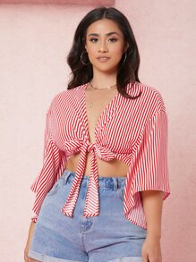 Dreamara áo nữ kích thước lớn Thắt nơ trước Sọc Boho - Đỏ và trắng - Xem 5