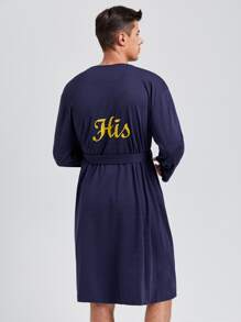 Hombres 1 pieza Bata con cinturón con bordado de letra - Azul Marino - Ver 5