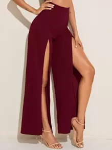 SHEIN VCAY Zipper Side Split Thigh Palazzo Trousers - Burgundy - View 4