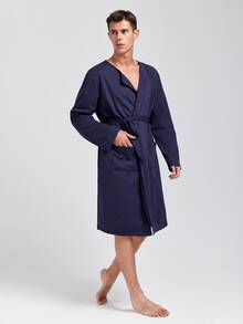 Hombres 1 pieza Bata con cinturón con bordado de letra - Azul Marino - Ver 7