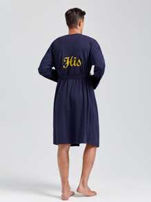 Hombres 1 pieza Bata con cinturón con bordado de letra - Azul Marino - Ver 4