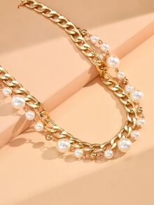 Faux Pearl Decor Layered Necklace - Yellow Gold - View 2