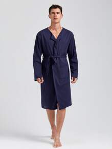 Hombres 1 pieza Bata con cinturón con bordado de letra - Azul Marino - Ver 1