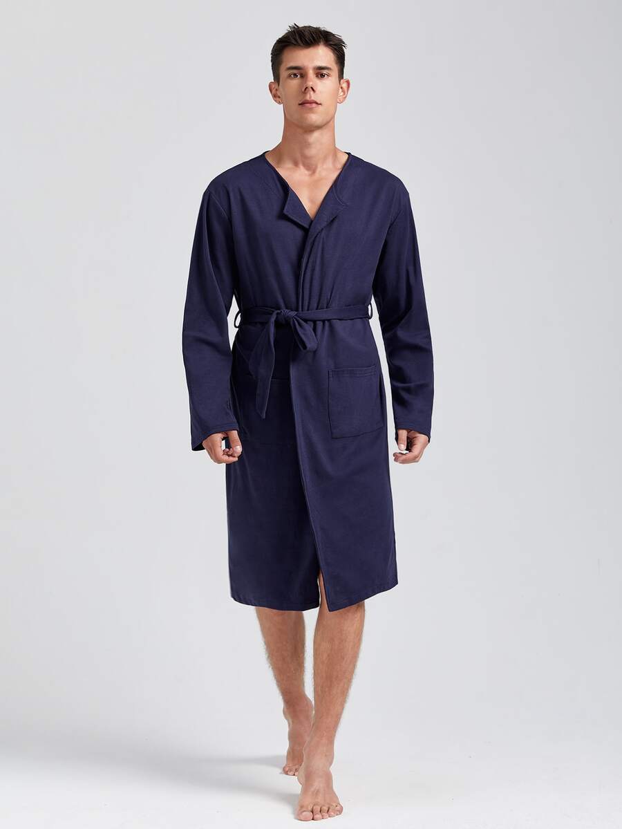 Hombres 1 pieza Bata con cinturón con bordado de letra - Azul Marino - Ver 1
