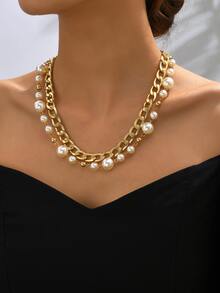 Faux Pearl Decor Layered Necklace - Yellow Gold - View 3
