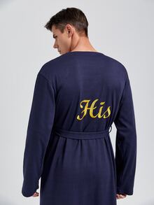 Hombres 1 pieza Bata con cinturón con bordado de letra - Azul Marino - Ver 6