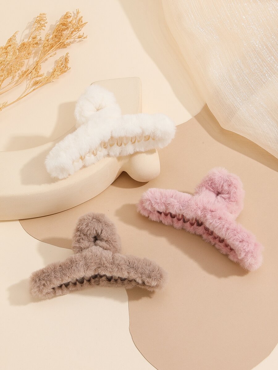 3pcs Women's Multicolor Plush & Plastic Decor Hair Claw, Suitable For Daily Dress Up, Parties Or Dancing Balls, Can Be Used As Gifts - Multicolor - View 1