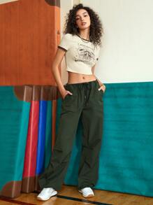 SHEIN EZwear Drawstring Waist Slant Pocket Trousers - Army Green - View 3