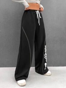 SHEIN Coolane Bikercore Quần thể thao Đồ họa Chữ cái Eo dây rút Khâu trên cùng quần ống rộng - màu đen - Xem 5