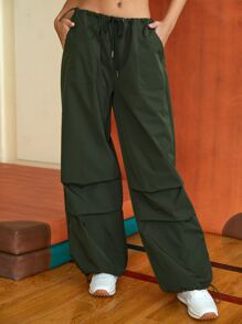 SHEIN EZwear Drawstring Waist Slant Pocket Trousers - Army Green - View 1