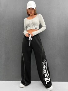 SHEIN Coolane Bikercore Quần thể thao Đồ họa Chữ cái Eo dây rút Khâu trên cùng quần ống rộng - màu đen - Xem 2