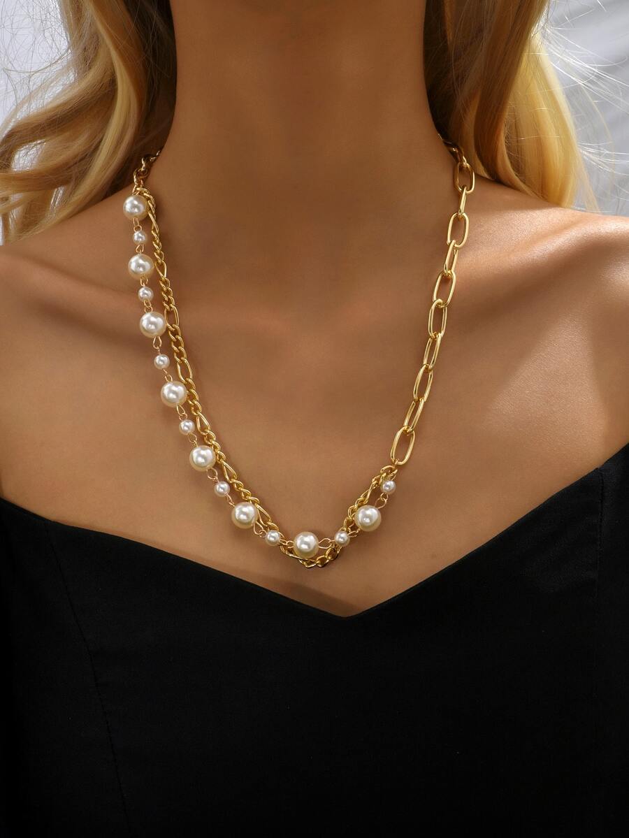 Faux Pearl Decor Necklace - Yellow Gold - View 1