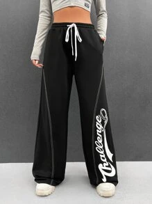 SHEIN Coolane Bikercore Quần thể thao Đồ họa Chữ cái Eo dây rút Khâu trên cùng quần ống rộng - màu đen - Xem 1