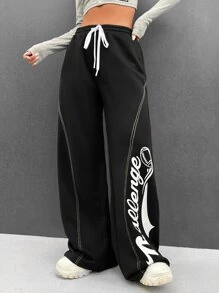 SHEIN Coolane Bikercore Quần thể thao Đồ họa Chữ cái Eo dây rút Khâu trên cùng quần ống rộng - màu đen - Xem 6