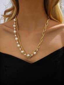 Faux Pearl Decor Necklace - Yellow Gold - View 3