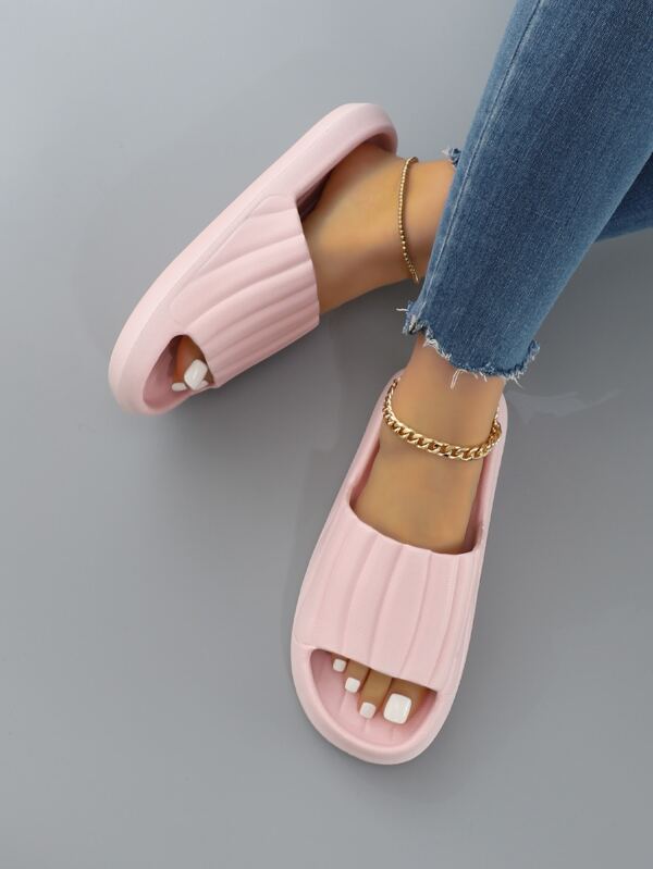 Women Textured Single Band Slides, Preppy Pink EVA Slides SHEIN USA