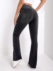 SHEIN Essnce 高腰漂白水洗牛仔喇叭褲 - 深灰色 - 查看 2