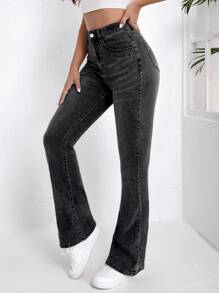 SHEIN Essnce 高腰漂白水洗牛仔喇叭褲 - 深灰色 - 查看 3