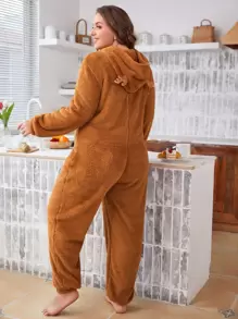 Plus 3D Ear Design Hooded Zipper Flannel Sleep Jumpsuit - Brown - View 4