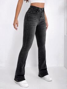 SHEIN Essnce 高腰漂白水洗牛仔喇叭褲 - 深灰色 - 查看 5