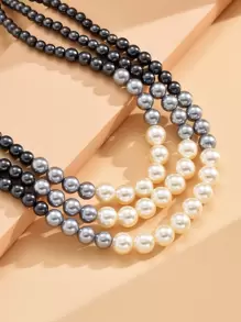 假珍珠裝飾的編織分層項鍊 - 彩色 - 查看 2