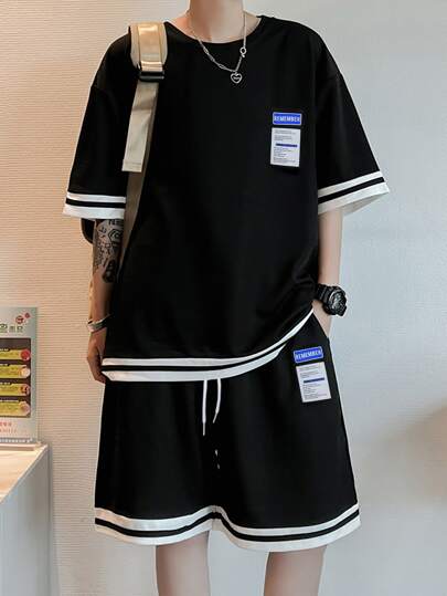 Loose-Fit Men's Letter Patched Striped Trim T-Shirt & Shorts Set