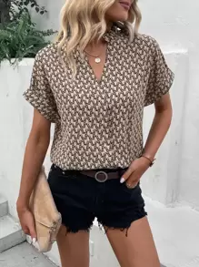 SHEIN Clasi Allover Print Frill Neck Batwing Sleeve Blouse - Khaki - View 1