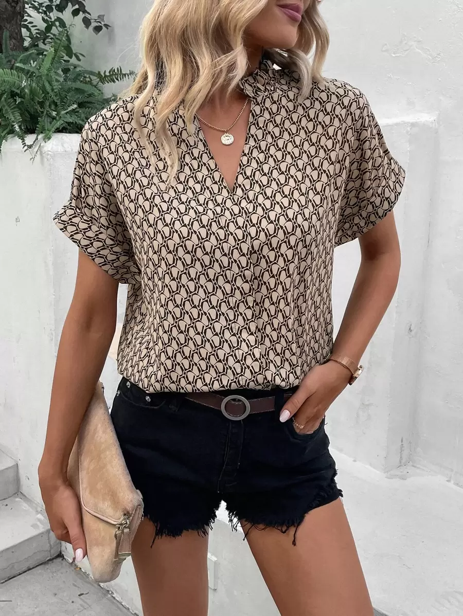 SHEIN Clasi Allover Print Frill Neck Batwing Sleeve Blouse - Khaki - View 1