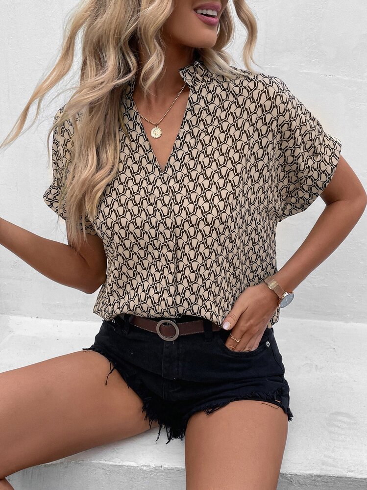 SHEIN Clasi Blouse à imprimé à plis à manches chauve-souris - Kaki - Voir 3