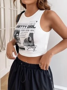 SHEIN EZwear 標語和人物圖案短款背心 - 白色 - 查看 4
