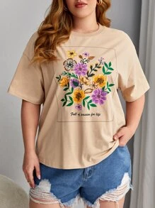Dreamara Plus Floral & Slogan Graphic Drop Shoulder Tee - Apricot - View 1