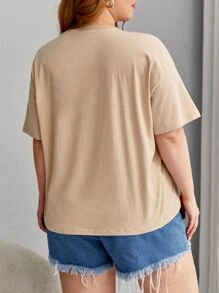 Dreamara Plus Floral & Slogan Graphic Drop Shoulder Tee - Apricot - View 2