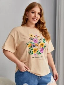 Dreamara Plus Floral & Slogan Graphic Drop Shoulder Tee - Apricot - View 4