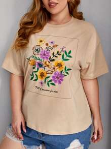Dreamara Plus Floral & Slogan Graphic Drop Shoulder Tee - Apricot - View 5
