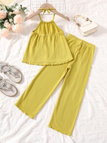 Young Girl Lettuce Trim Halter Top & Pants - Yellow - View 2