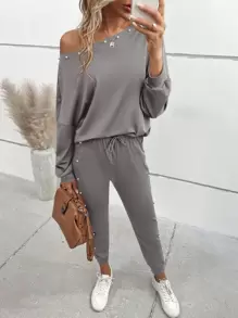 SHEIN LUNE Bộ đồ hai mảnh nữ Dây kéo Ngọc trai màu trơn Giải trí - Xám - Xem 1