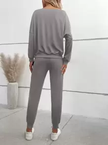 SHEIN LUNE Bộ đồ hai mảnh nữ Dây kéo Ngọc trai màu trơn Giải trí - Xám - Xem 2