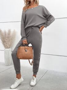 SHEIN LUNE Bộ đồ hai mảnh nữ Dây kéo Ngọc trai màu trơn Giải trí - Xám - Xem 4