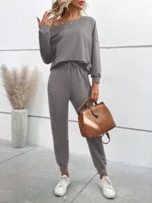 SHEIN LUNE Bộ đồ hai mảnh nữ Dây kéo Ngọc trai màu trơn Giải trí - Xám - Xem 5