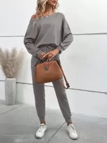 SHEIN LUNE Bộ đồ hai mảnh nữ Dây kéo Ngọc trai màu trơn Giải trí - Xám - Xem 6