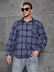 Manfinity Men Plus Plaid Patched Pocket Shirt Without Tee - Navy Blue - View 1