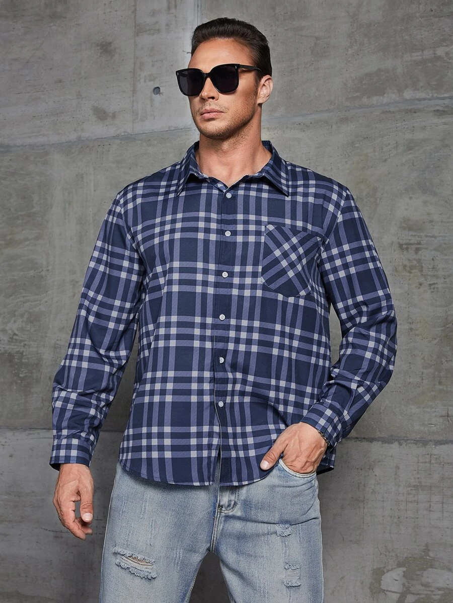 Manfinity Men Plus Plaid Patched Pocket Shirt Without Tee - Navy Blue - View 1