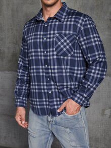 Manfinity Men Plus Plaid Patched Pocket Shirt Without Tee - Navy Blue - View 3