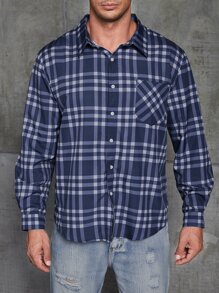 Manfinity Men Plus Plaid Patched Pocket Shirt Without Tee - Navy Blue - View 5