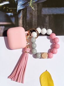 Beaded Wrist Strap Keychain Case Compatible With AirPods - Pink - View 1